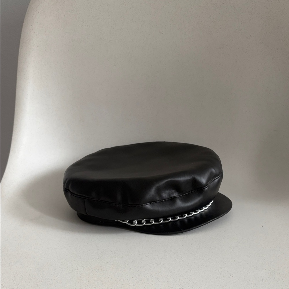 Black cunty faux Leather Cap with Chain Detail biker core